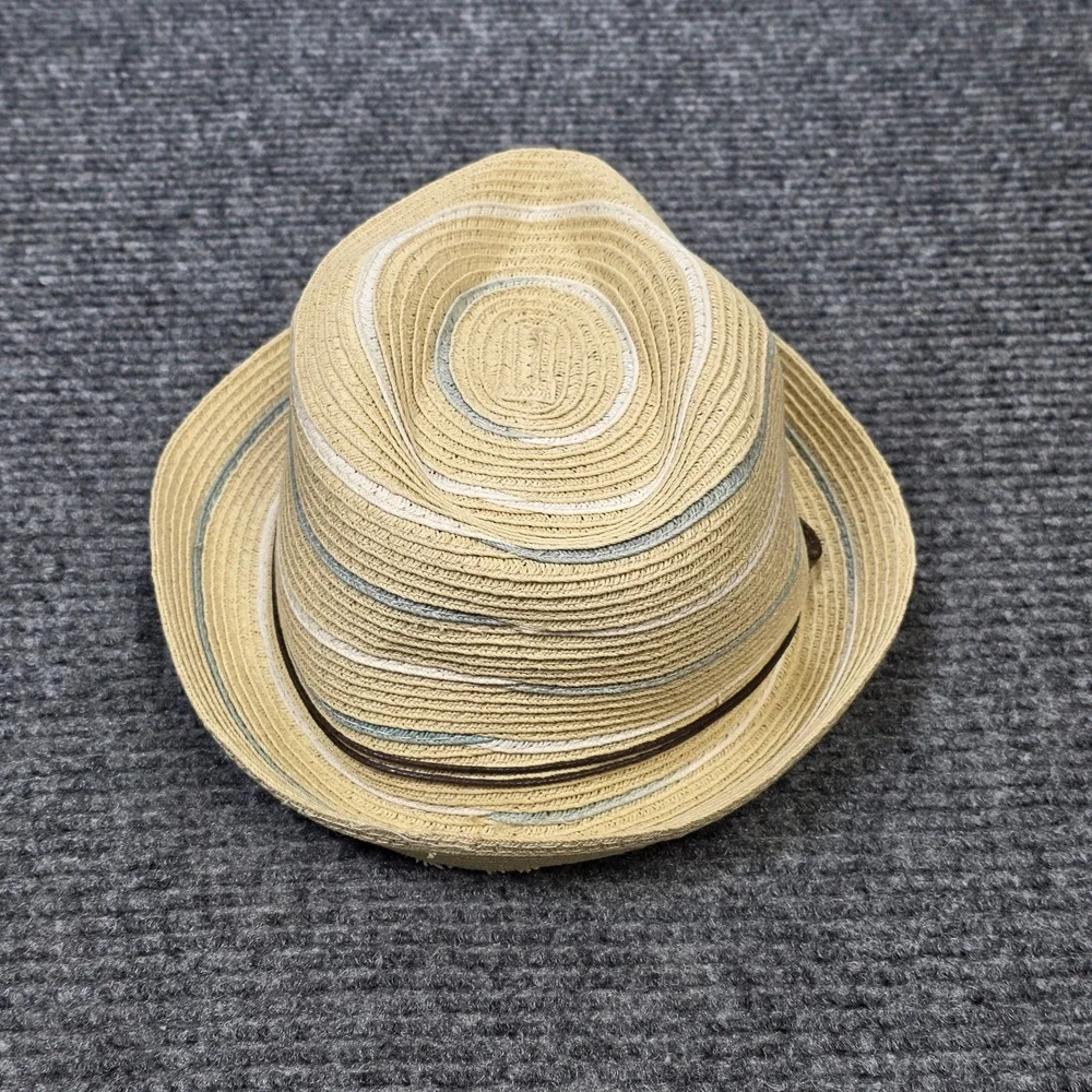 C.C Exclusives Straw Fedora Hat Women's Beige Blue Striped Summer Beach Sun Hat